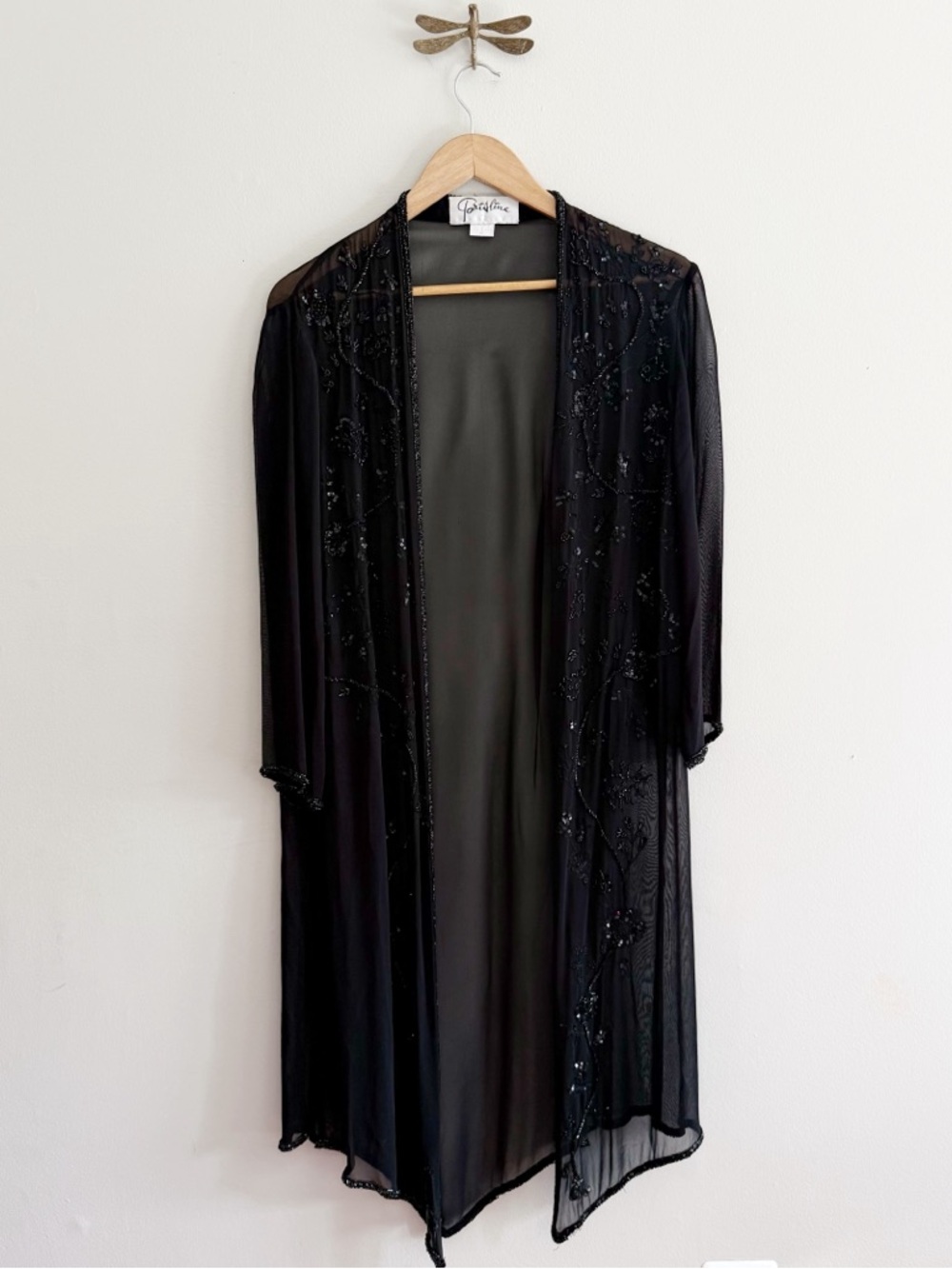 Parisline 90s Sheer Black Beaded Evening Long Duster Jacket Medium